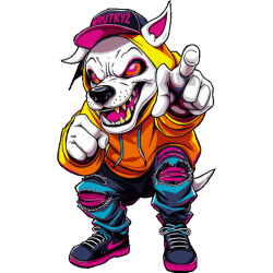 Perro callejero feroz con gorra Brutkyz, hoodie naranja roto